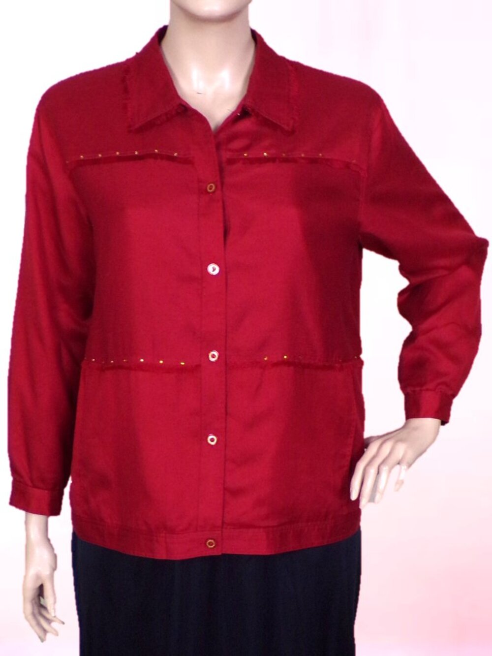 ERIN LONDON size XL red long-sleeve fringed shirt jacket silk/lyocel hand wash